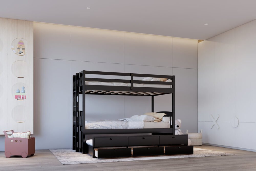 bb42-1_orig BB42 TWIN/TWIN Bunk Bed w/Twin Trundle + 3 Drawers (Black)