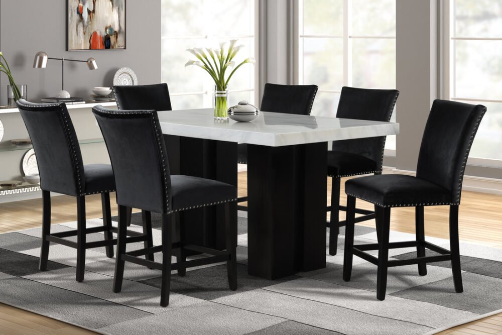 d2220black-pub-table-set_orig 2220 Black - (FAUX MARBLE) Counter Height Table + 6 Chair Set