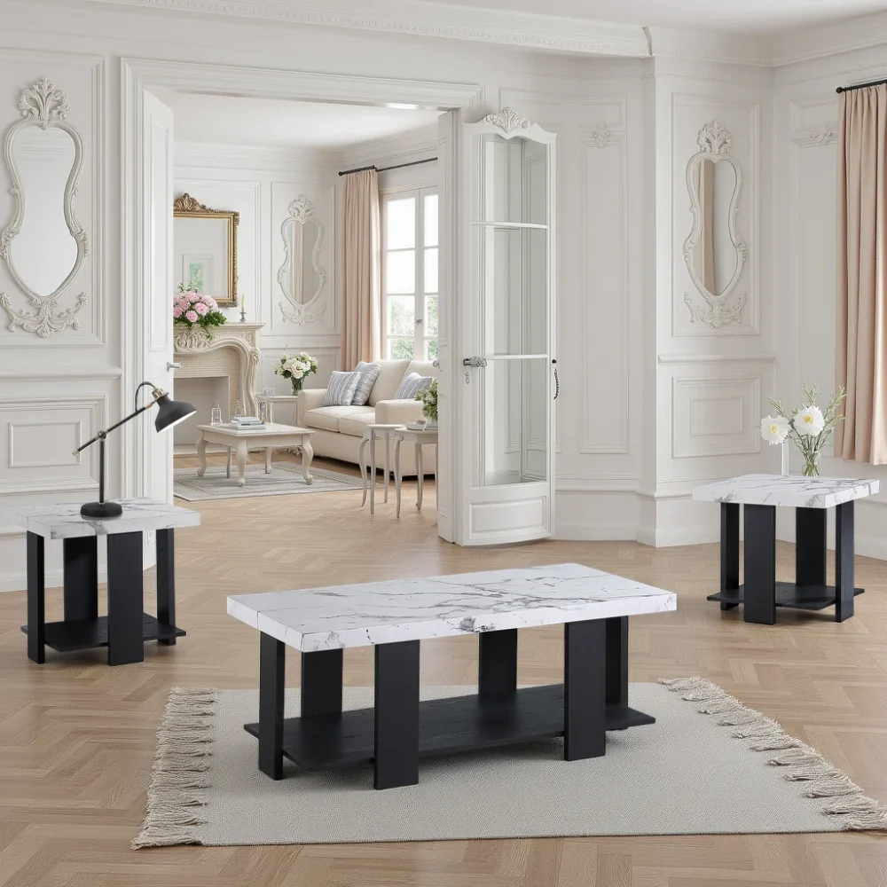 Modern+3-Piece+Table+Set+–+Rectangular+Shape+Coffee+Table+++2+Square+Shape+End+Tables+–+Black+Wood+Base-615568473 Modern 3-Piece Table Set – Rectangular Shape Coffee Table + 2 Square Shape End Tables – Black Wood Base