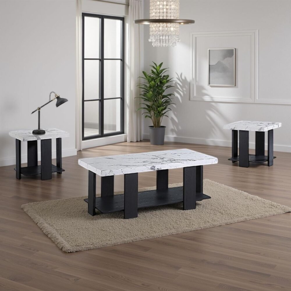 tabletset3 Modern 3-Piece Table Set – Rectangular Shape Coffee Table + 2 Square Shape End Tables – Black Wood Base