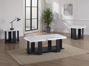 Modern 3-Piece Table Set – Rectangular Shape Coffee Table + 2 Square Shape End Tables – Black Wood Base